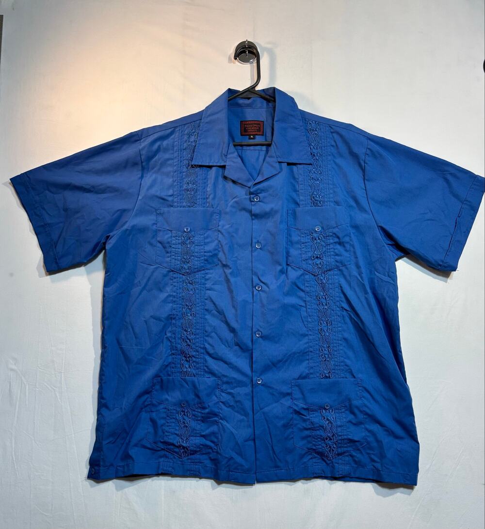 Vintage Maximos Yucatan Mexico Guayabera Shirt Men’s XL Blue Embroidered Pocket